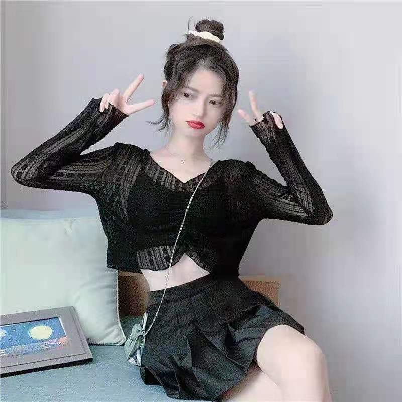 ZHELIHANGFEI Áo Thun Dài Tay Chống Nắng Lưng Cao Phối Ren Quyến Rũ Thời Trang