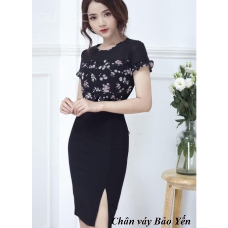 Chân váy bút chì màu đen xẻ trước trên gối - M57