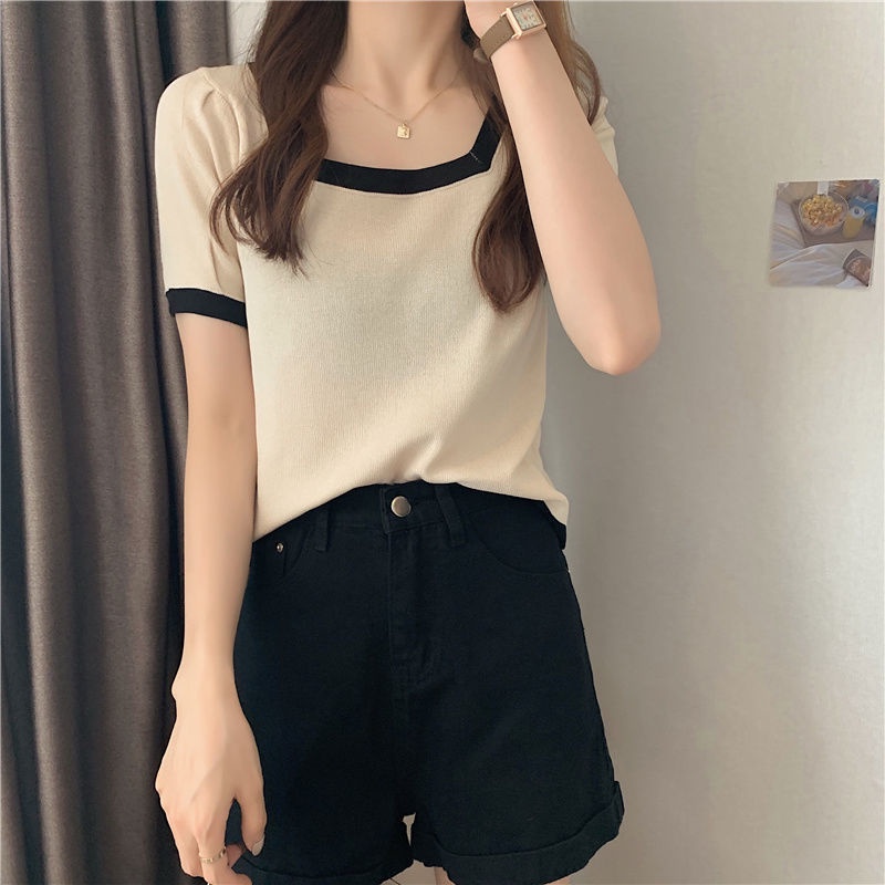 COZOK Áo Thun Tay Ngắn Cổ Vuông Dáng Ôm Màu Sắc Tương Phản Phong Cách Hàn Quốc Thời Trang
