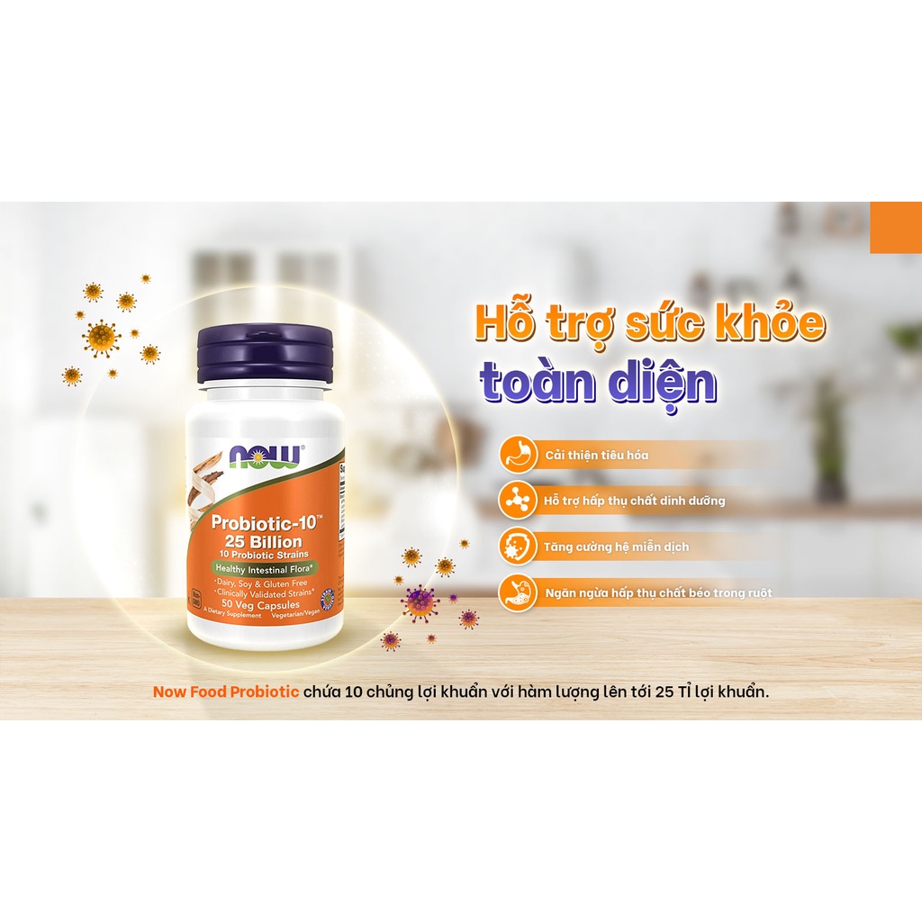 Now Probiotic - 10TM   Cân bằng hệ vi khuẩn đường ruột, giảm rối loạn tiêu hóa - Chính Hãng