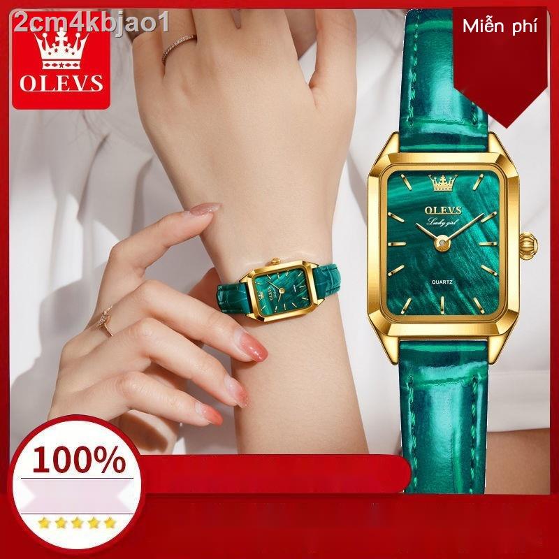 ✴♗Đồng hồ nữ Oris được chứng nhận của Thụy Sĩ trong nhỏ màu xanh lá cây phong cách cổ điển mặt vuông dây da đơn