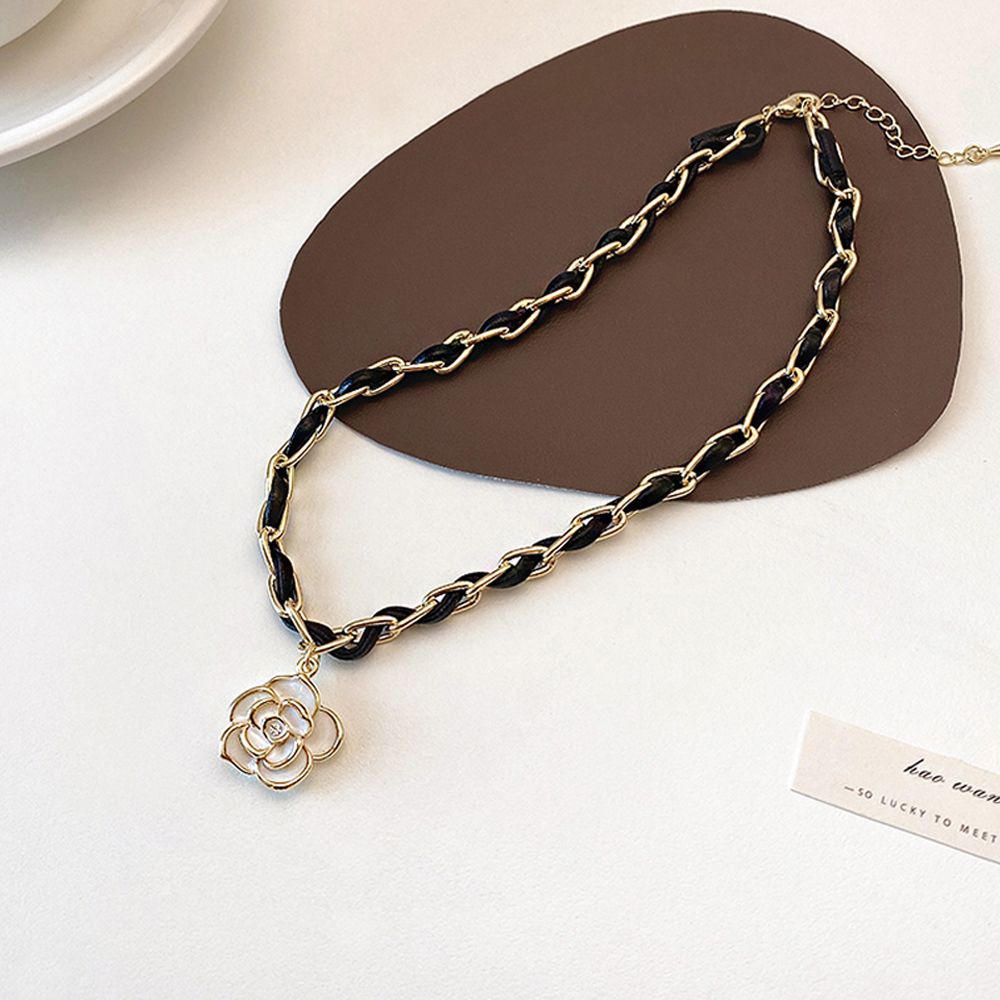 Vòng Cổ Choker Da Pu Mặt Hoa Trà Thời Trang Vintage Cho Nữ