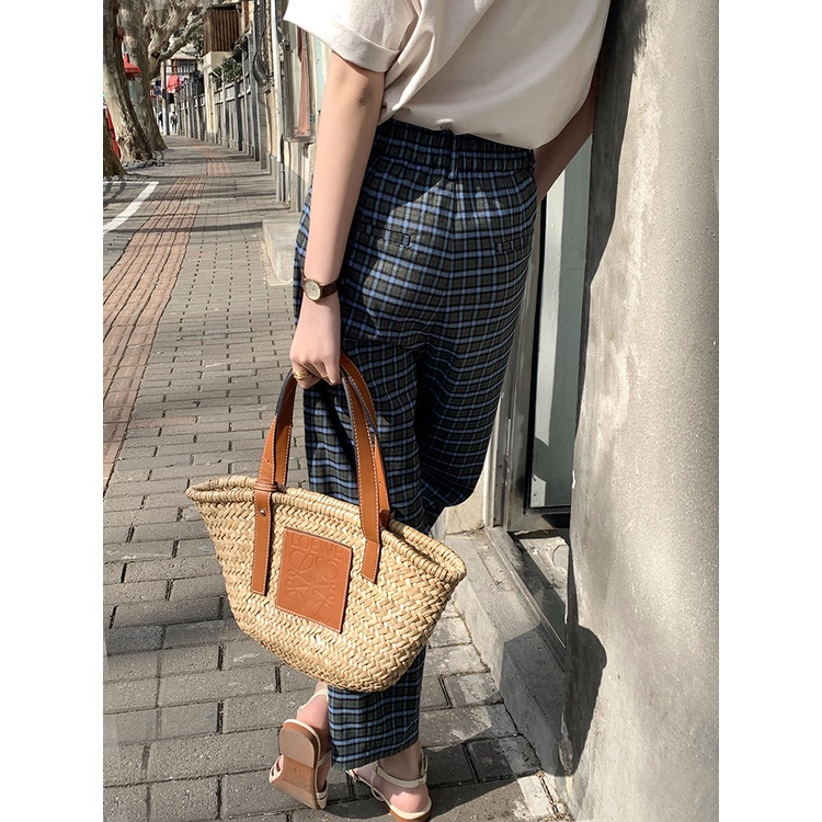 Quần ống rộng kẻ sọc Caro Cạp cao Retro Phong cách Hàn Quốc Form rộng Thời trang