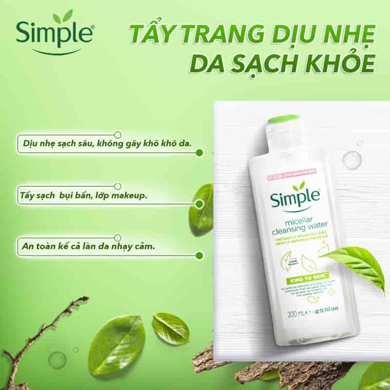 Nước Tẩy Trang Simple Micellar 200ml - Hàng Chính Hãng Làm Sạch Trang Điểm Vượt Trội