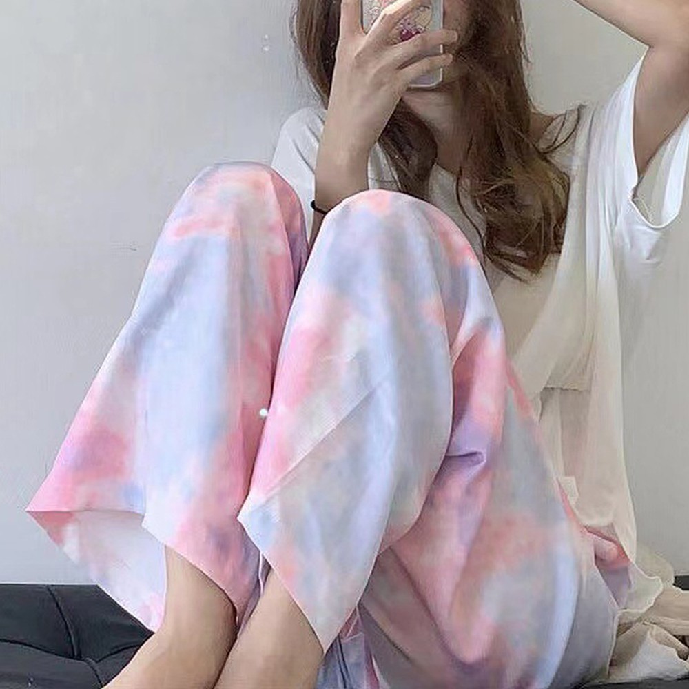 Korean Style Tie Dye Straight Pants Women High Waist Loose Casual Elastic Waist | WebRaoVat - webraovat.net.vn