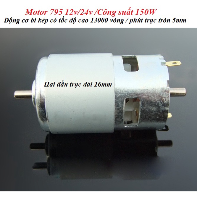 Motor 775 hai đầu trục dài 16mm DC12V/24V 150W 13000rpm