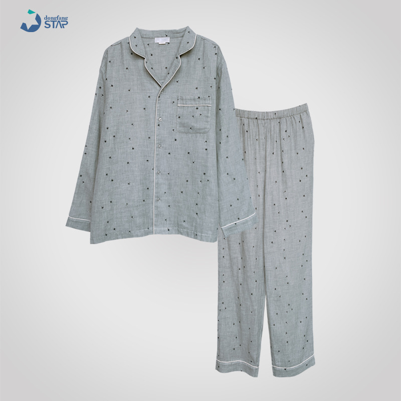 【Orient Star】New Spring and Summer Couple's Cotton Double-Layer Yarn Long-Sleeved Homewear Suit Breathable Men's and Women's Pajamas