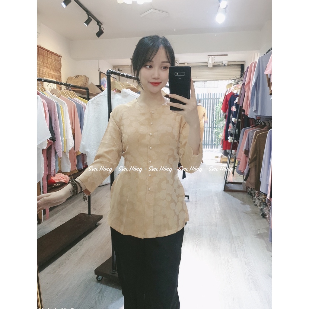 Áo bà ba lụa gấm Hàn Châu # Đồ Phật tử lụa cao cấp # bà ba vân gấm hoa sen cúc ngọc xinh xắn AB12 Be