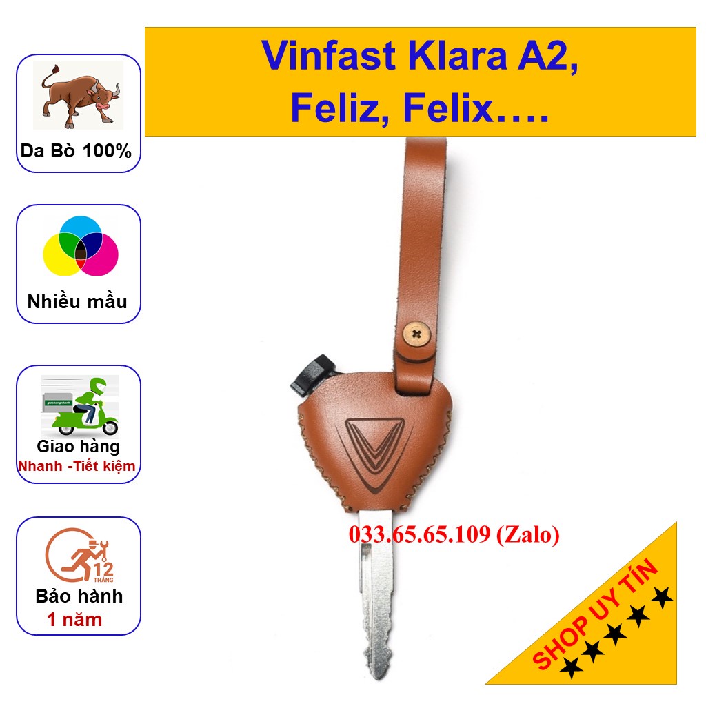 Bọc da chìa khóa cơ xe điện VinFast Klara A2, Feliz, Felix, Evo 200... bằng da bò, nhiều mầu sắc