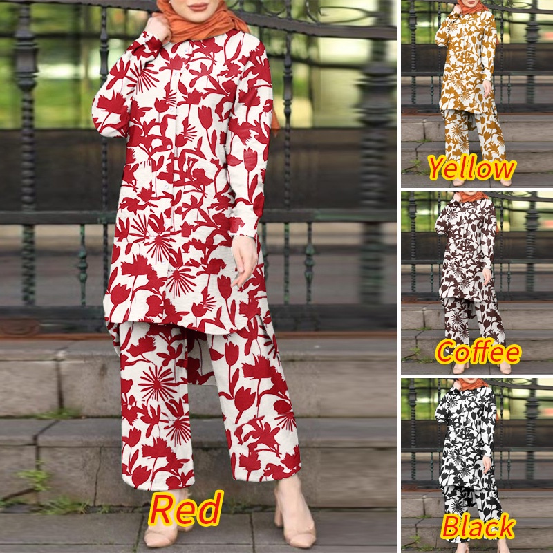 Bộ áo tay dài in hoa + quần dài ống rộng lưng thun ZANZEA phong cách Hồi Giáo thời trang dành cho nữ