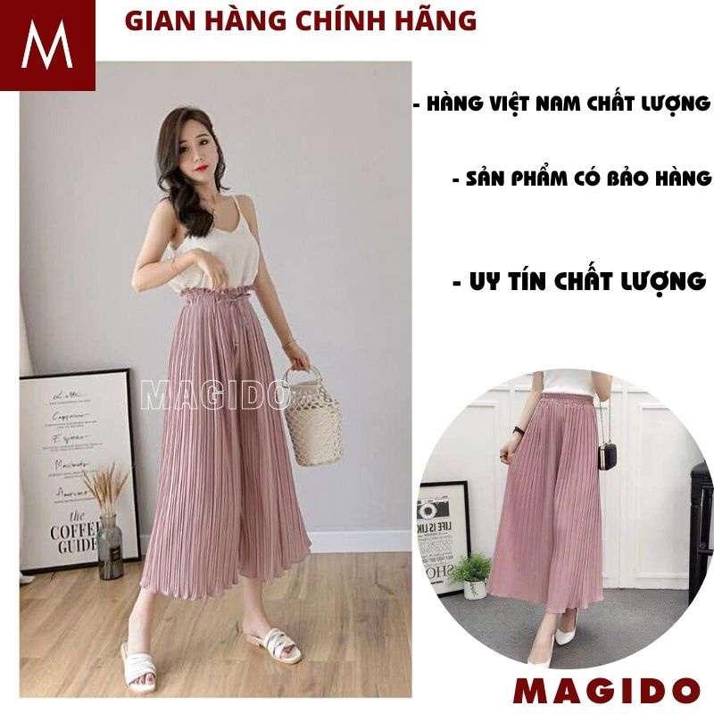Quần ống rộng cạp cao dáng váy xếp li nhẹ phong cách HQ, Quần dập ly ống rộng nữ, cạp chun ít nhăn - MAGIDO