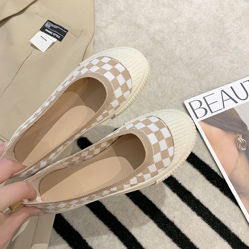 Giày Búp Bê Vải Lưới Họa Tiết Caro Thời Trang Nữ Tính