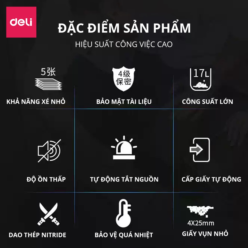 Máy Hủy Tài Liệu Deli E9929 Cao Cấp, Máy Hủy Giấy Tờ Card CD Cho Doanh Nghiệp, Văn Phòng, Nhà Trường Bảo Mật Thông Tin