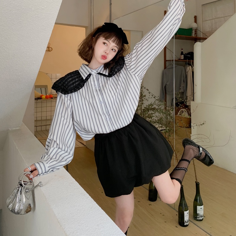 SUXI Áo Sơ Mi Tay Dài Kẻ Sọc Cổ Búp Bê Kèm Khăn Choàng Cổ Thời Trang Mùa Thu Cho Nữ