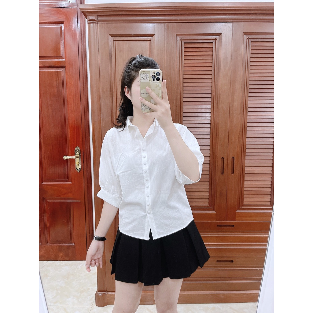 ÁO SƠ MI NỮ, ÁO CỘC TAY LỠ, KHUY LIỀN TRANG TRÍ KIỂU CHUI ĐẦU, CHẤT VẢI ĐŨI XƯỚC MỀM MÁT HÀNG THIẾT KẾ VNSX