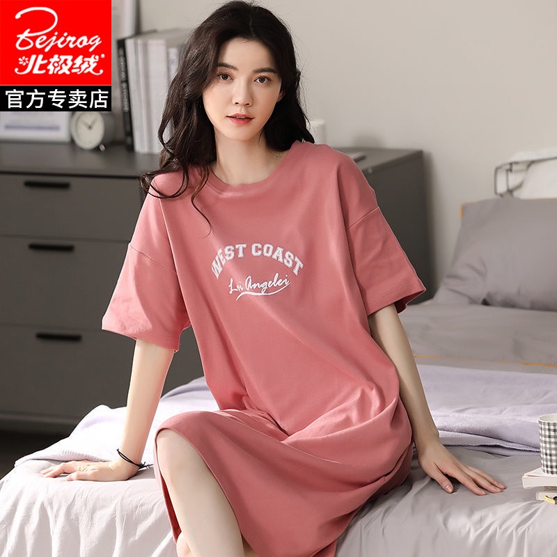Đầm Ngủ Cotton Tay Ngắn Dài Qua Gối In Họa Tiết Hoạt Hình Dễ Thương Thời Trang Mùa Hè Cho Nữ