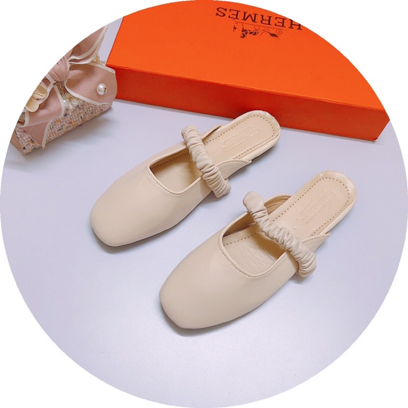 Dép sục bệt mũi vuông phối quai nhún ngang da lì