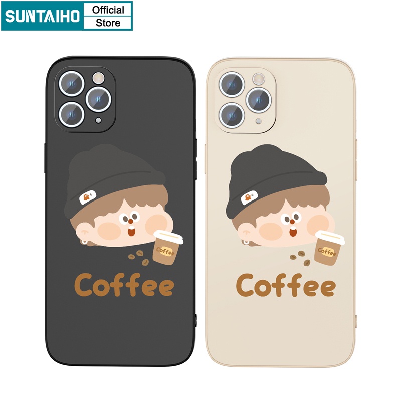 Ốp lưng iphone Ốp điện thoại Suntaiho bằng silicon họa tiết cậu bé uống cà phê cho iPhone 13 12 11 Pro Max X XR Xs Max 7 8 Plus