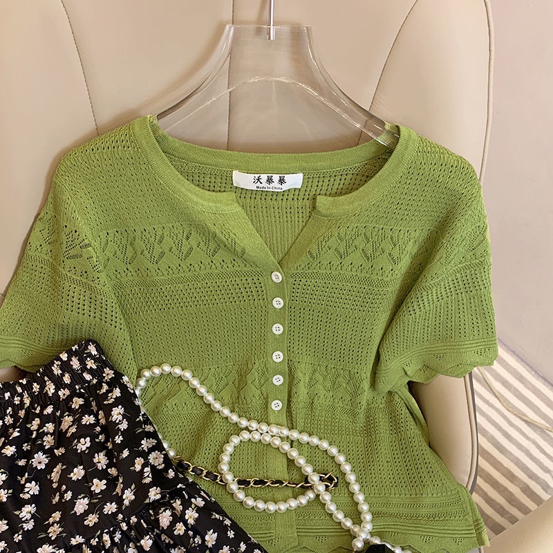 Bộ Áo cardigan Viền Gợn Sóng + Chân Váy Hoa Lưng Cao Xinh Xắn Theo Phong Cách Mới