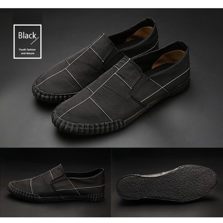 Slip on - Giày lười vải nam cao cấp BAODA - Chất liệu vải gió 4 màu đen full, đen trắng, xám và khaki - Mã 9070