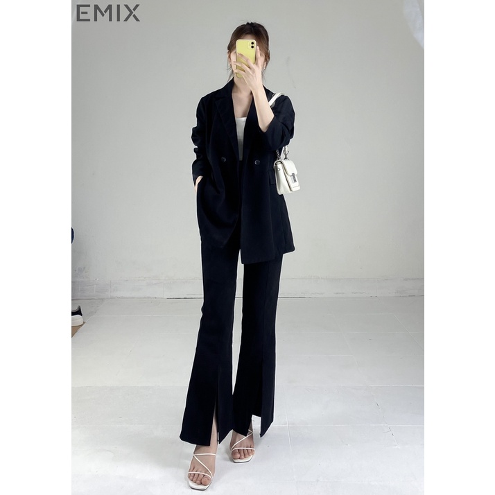 Áo khoác công sở nữ EMIX (2 màu), blazer, dáng dài, dài tay, form rộng, cổ vest, 2 cúc, có túi, chất trượt Hàn 6082 | BigBuy360 - bigbuy360.vn