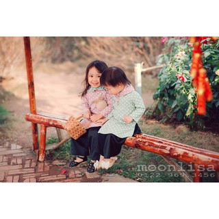 Set áo dài cho bé vải dạ chấm bi MS03 (Xanh)