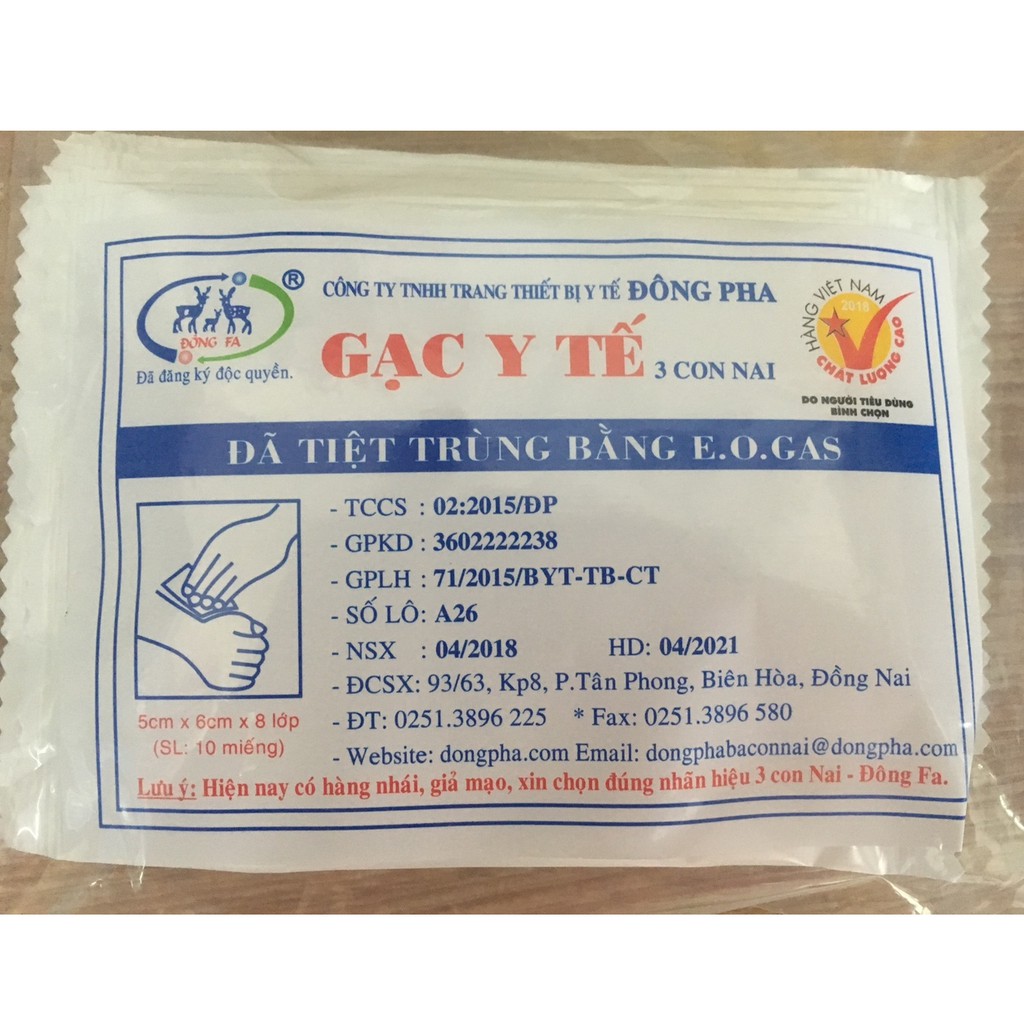 Gạc y tế tiệt trùng Đông Pha 5x6/8x9cm