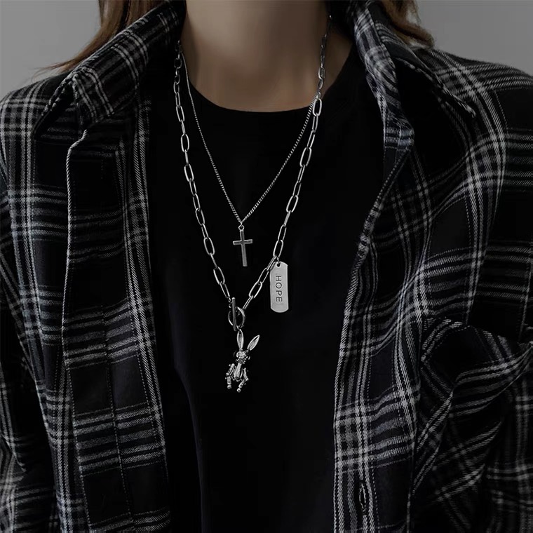 Vòng cổ Hai Lớp Mặt Hình Thỏ Thánh Giá Phong Cách Hip Hop Hàn Quốc Cho Nữ