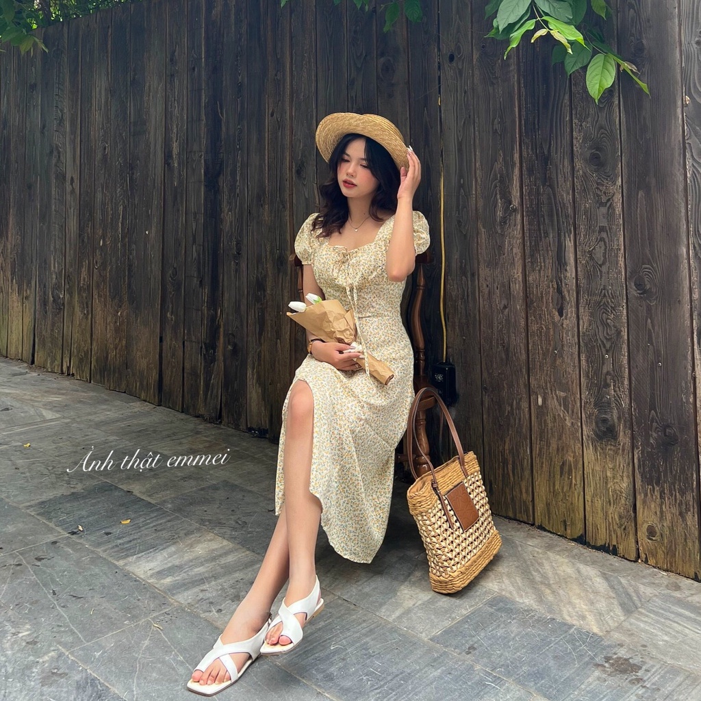 Đầm hoa nhí vintage, Đầm hoa cổ vuông xẻ tà Emmei v84