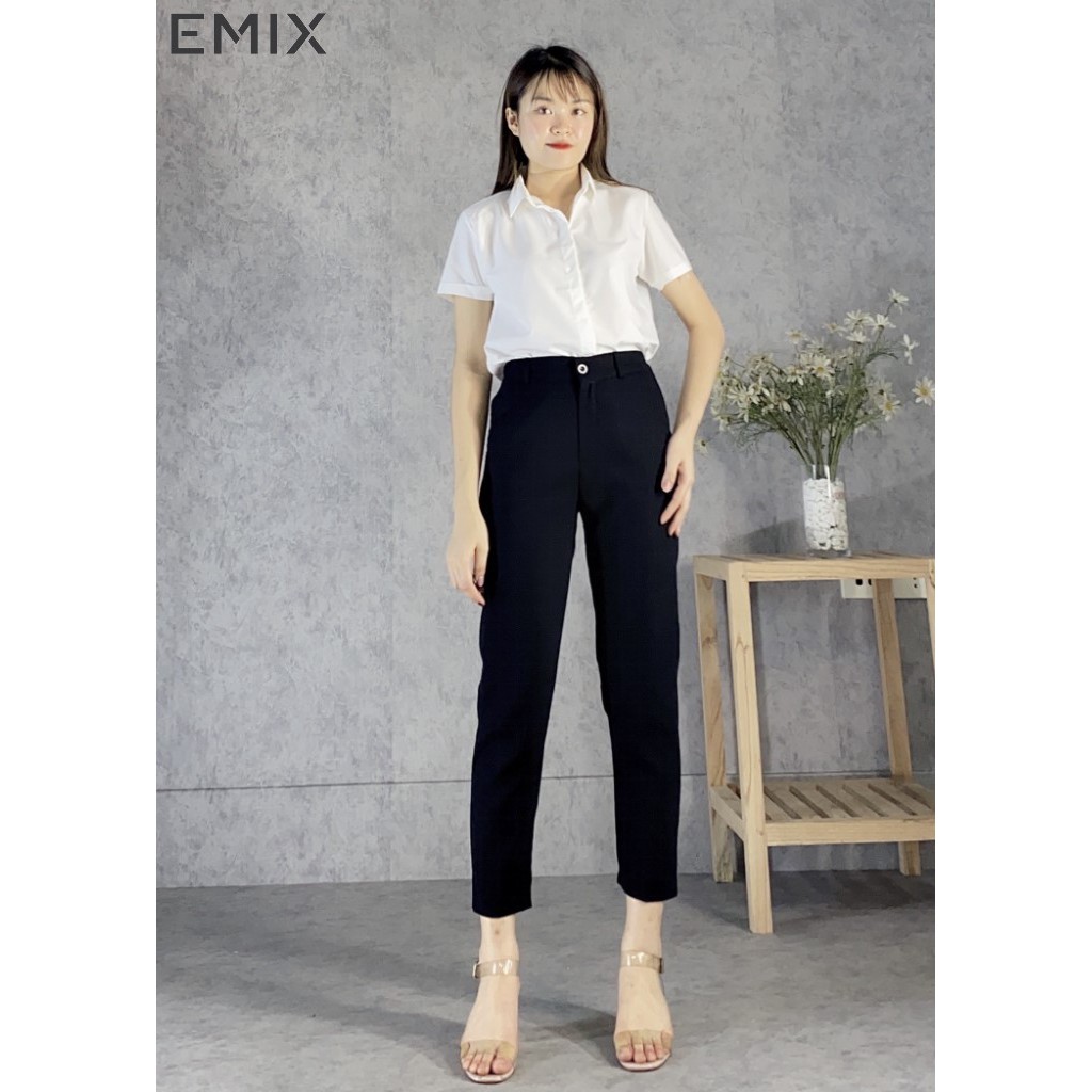 [Mã FAMALLT5 giảm 15% đơn 150k] Mix quần baggy lưng chun đen và áo sơ mi cộc tay trắng EMIX