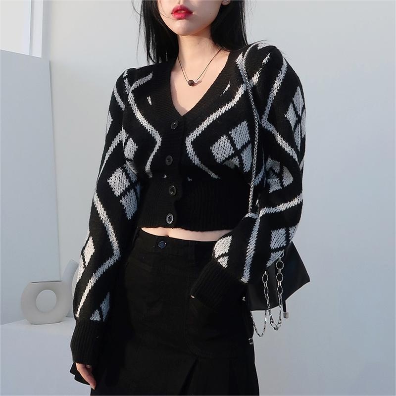 Áo sweater ZHELIHANGFEI tay dài cổ chữ V lưng cao đính đá thời trang quyến rũ dễ phối