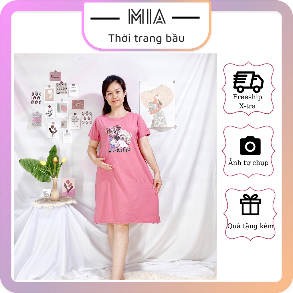 Váy suông bầu chất thun cotton, đầm thun dáng suông in hình trẻ trung