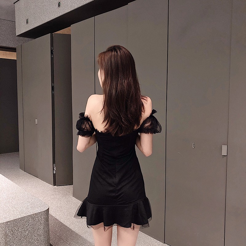 Đầm Ngang Vai Ôm Dáng Phối Lưới Gợi Cảm