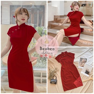 Đầm đỏ cách tân cổ tàu viền nút ngọc xẻ tà ulzzang