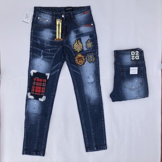 Quần bò Dsquared2 thêu logo vá đỏ khoá lệch vàng cực chất 2021 - Quần bò nam ống côn - Quần jean nam