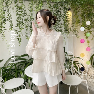 LOVI SHOP- Áo bèo tầng babydoll tay dài cổ v tiểu thư nhiều màu xinh xắn chất tơ ánh kim cao cấp