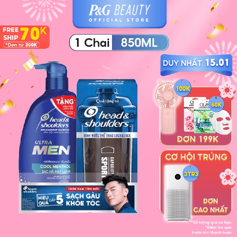 [Mã FMCGMALL -8% đơn 250K] Dầu gội H&amp;S Men Bạc Hà mát lạnh 850ml + Quà Tặng Bình Nước