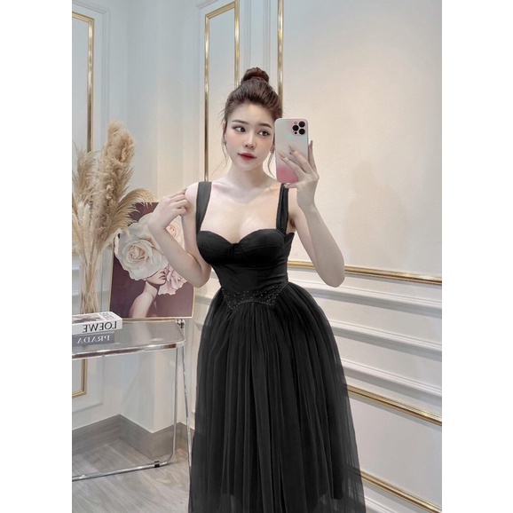 Đầm maxi ren 2 dây kết đá eo