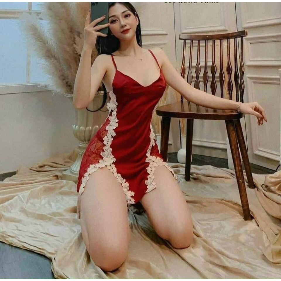 Đồ ngủ sexy / Đầm ngủ 2 dây xẻ đùi phối ren eo, chất liệu satin cao cấp loại 1, kèm quần đùi cute, freesize dưới 65kg Se | BigBuy360 - bigbuy360.vn