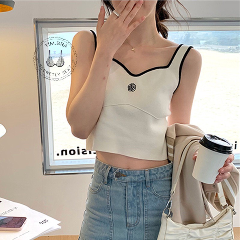 Áo croptop 2 dây bản to thêu hoa hồng giản dị, Áo ba lỗ nữ chất thun gân cao cấp Tím Bra M18