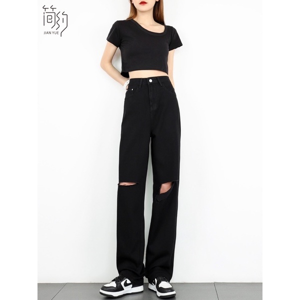 Quần bò ống rộng nữ rách gối M7 đen, quần jeans ống rộng lưng cao, vải bò dày đẹp , không giãn ,dáng suông M732