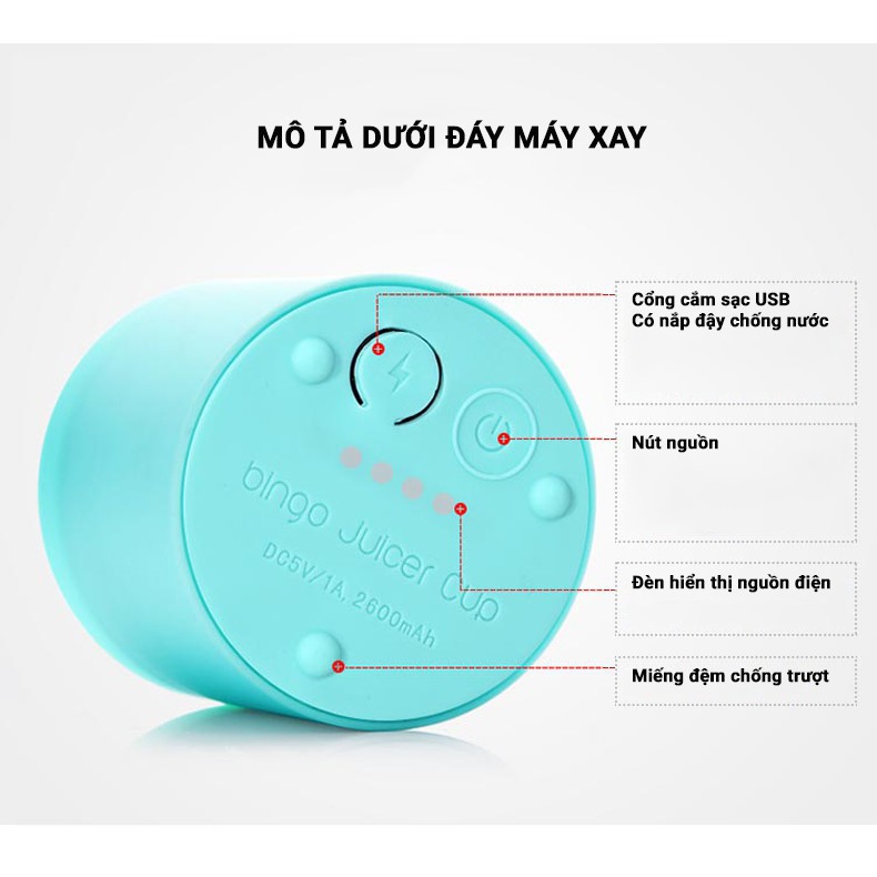 Máy Xay Sinh Tố Cầm Tay Mini Bingo - 4 Lưỡi Xay - Tiện Lợi - Cổng Sạc Usb Tiện Dụng