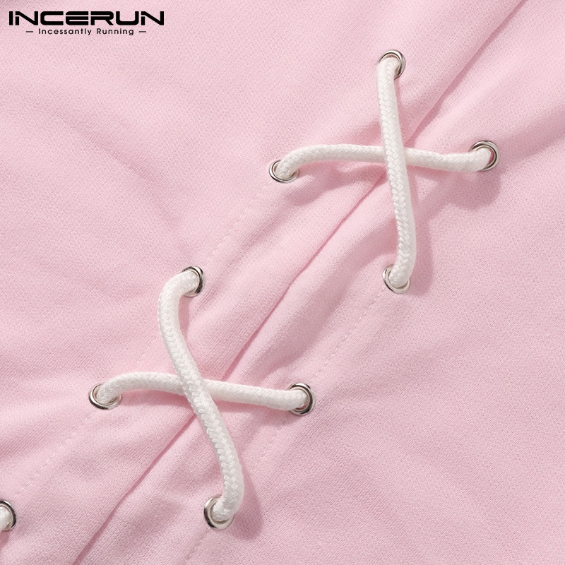 INCERUN Áo Hoodie Dây Rút Ngắn Tay Thời Trang Trẻ Trung Cho Nam