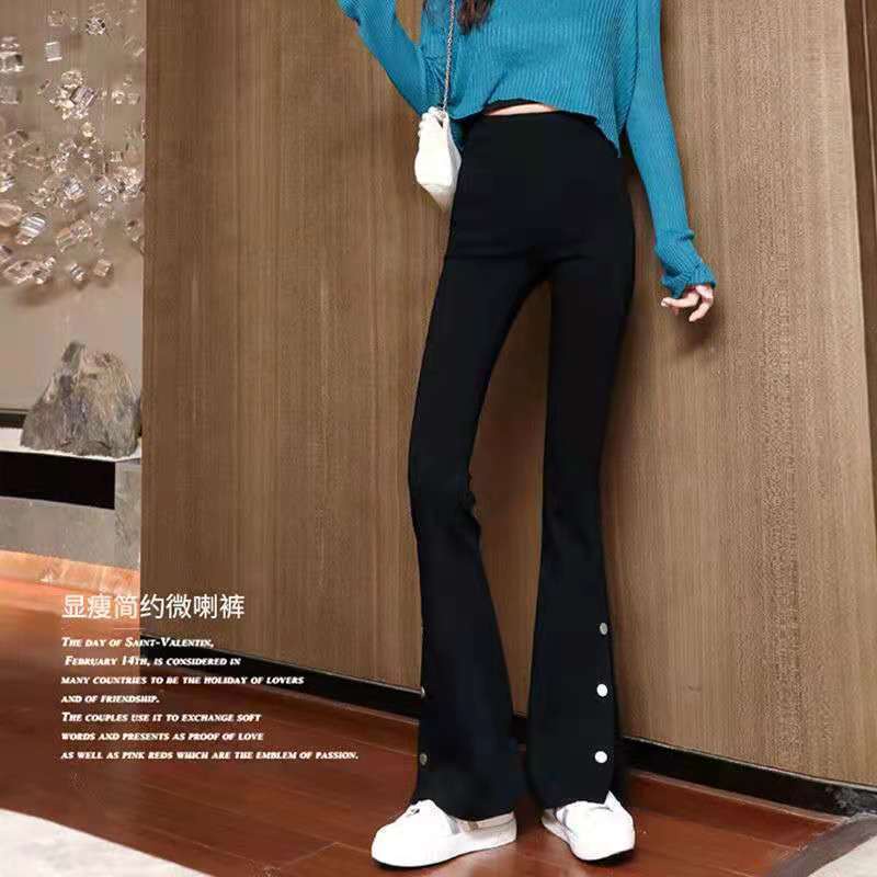 Jiashucheng Quần Tây Lưng Cao Co Giãn Ống Loe Xẻ Tà Màu Đen Thời Trang Thường Ngày Cho Nữ