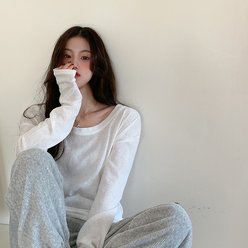 Áo thun nữ tay dài dáng rộng màu trơn phong cách Hàn Quốc, áo thu đông nữ mềm mại, cá tính mã A15