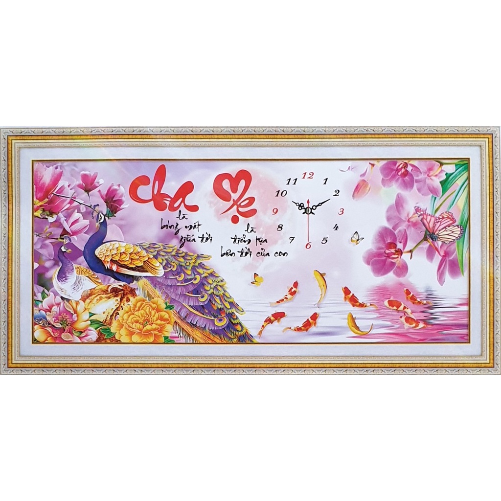 Tranh thêu chữ thập thư pháp Cha Mẹ LV3055 - Chim Công Hoa Lan