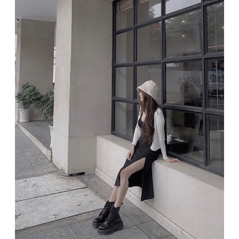 Chân váy bút chì lưng cao dài dưới gối kiểu xẻ một bên màu đen NPCV002