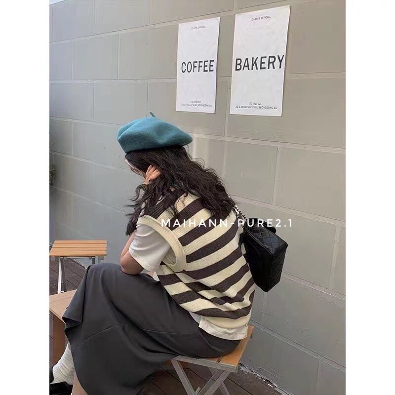 Áo gile kẻ sọc to 4 màu siêu hàn quốc