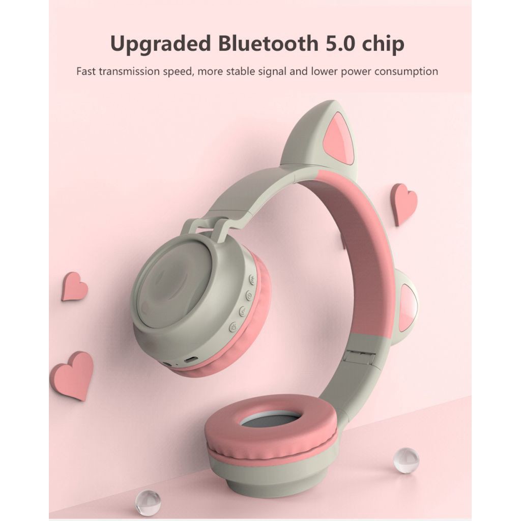Tai Nghe Bluetooth 5.0 Không Dây Dạ Quang Hình Tai Mèo Đáng Yêu Kèm Mic