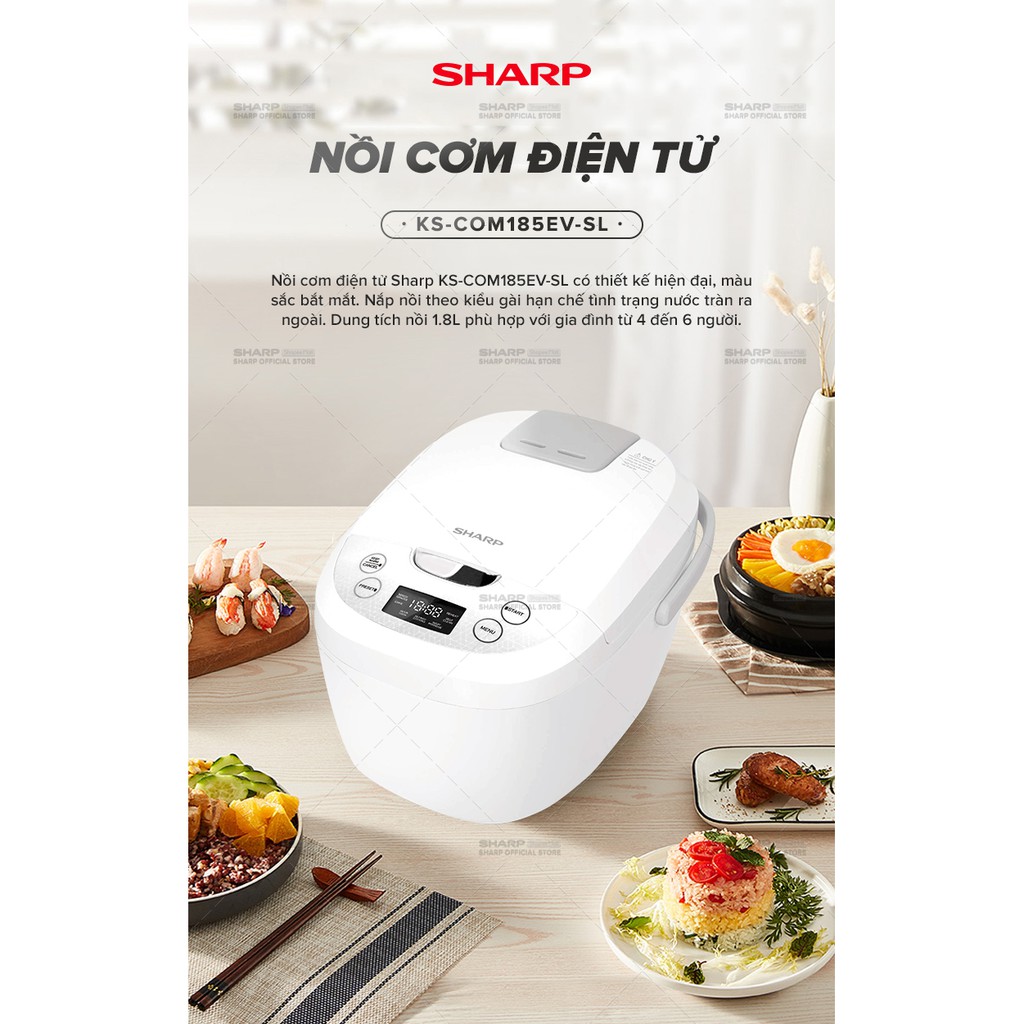 [Mã ELBAU10 giảm 10% đơn 500K]Nồi Cơm Điện Tử Sharp KS-COM185EV-SL 1.8L, Công Suất 830W - Chính Hãng BH 12 Tháng